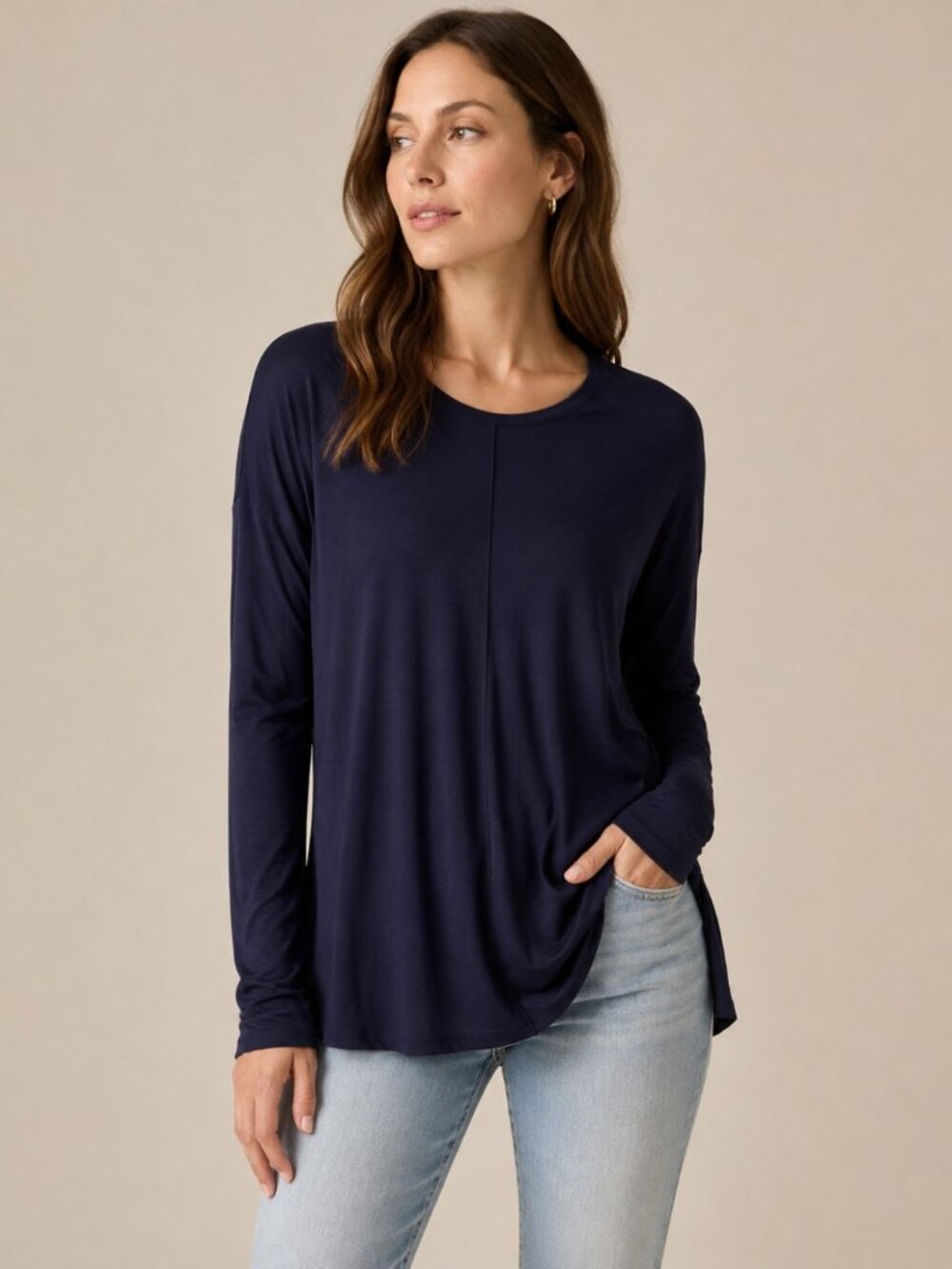 Vince Long Sleeve Center Seam Tunic Top Navy Blue